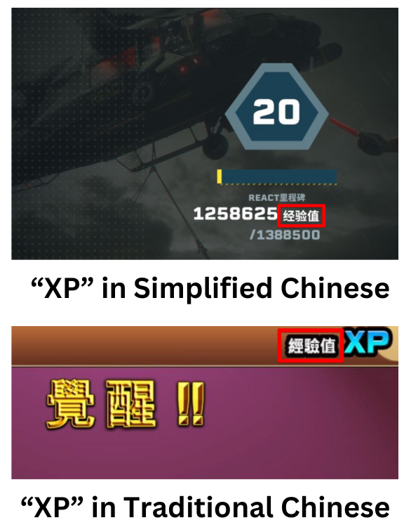 The expression “XP” in traditional and simplified characters